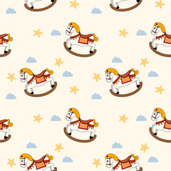 Wooden rocking horse in the sky. On star cloud background. Cartoon so cute. Pattern seamless vector illustration.