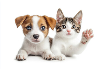Obraz premium A playful puppy rests alongside a cute kitten, both displaying their unique personalities