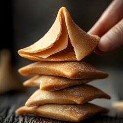 Golden Folded Pastry Snack Stacked on Dark Background