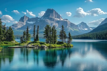Majestic mountain landscape with a serene alpine lake and lush evergreen forest