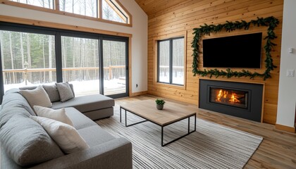Fototapeta premium A cozy living room with large windows, a modern sofa, a fireplace, and wooden accents, creating a warm and inviting atmosphere.