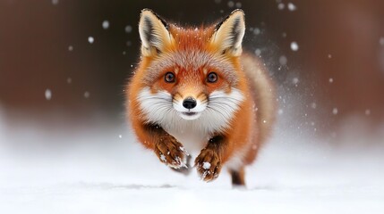 Obraz premium A snowy scene featuring a vibrant red fox running through the snow, showcasing its fur and curious expression.