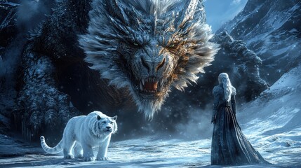 Obraz premium fantasy scenes with dragons, tiger and Snow Queen