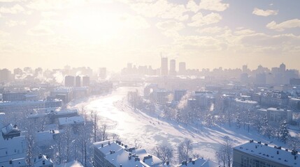 Fototapeta premium Tranquil Winter Cityscape Blanketed in Snow with Frozen River and Icicles Hanging from Rooftops under Cloudy Sky