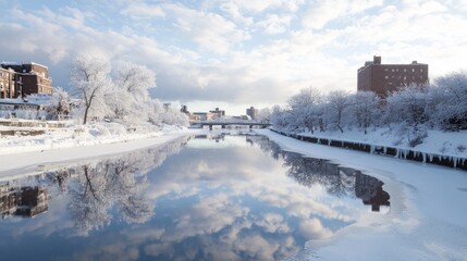 Fototapeta premium Tranquil Winter Wonderland: Snowy Cityscape with Frozen Rivers and Icicles Hanging from Rooftops under Soft Cloudy Sky