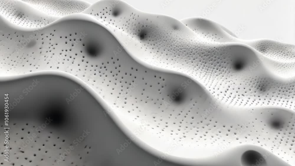 Poster a close-up of a white, textured surface with a pattern of small holes and deep indentations, creatin