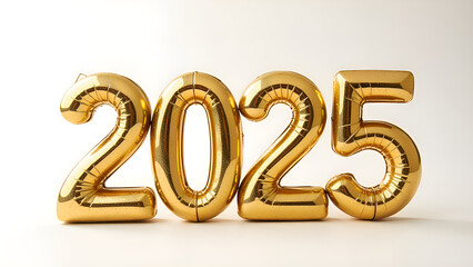 Celebrating the New Year 2025. Balls made of gold foil. The figure 2025 is laid out of balls. Greeting card. Happy New Year. Selective focusing. Blurred background.