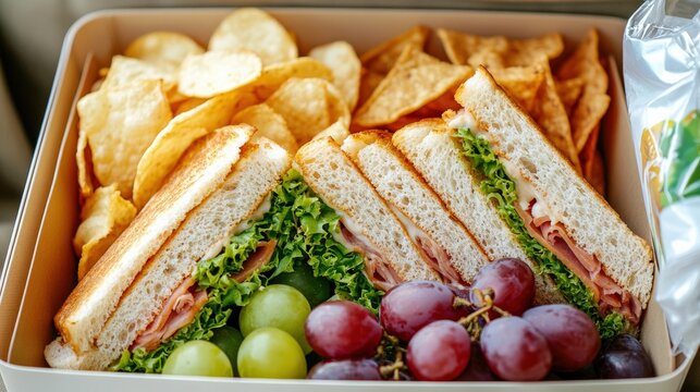 Colorful Food Spread on Wooden Surface with Sandwich, Chips, Grapes and Utensils