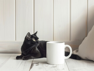 Black Cat and White Mug Mockup, Photo, Black and White, Soft Focus Style, On White Background, Pet Lovers and Coffee Enthusiasts