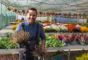 Man showing plants in flower pots in greenhouse