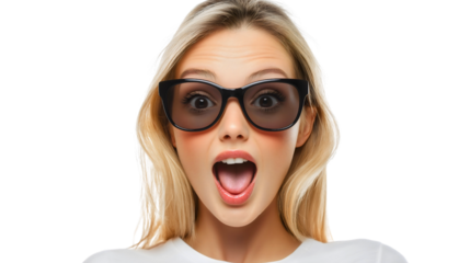 Happy young woman looks amazed and astonished, cheerful expression radiating happiness, showcases cool style and lifestyle, wearing sunglasses and embodying the beauty of youthful glamour
