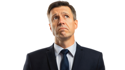 A frustrated businessman in deep thought, looking sad and worried, pensive expression frustration and anxiety over a problem, the stress and burnout faced by many work tasks