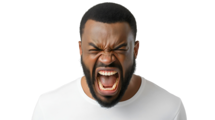 Angry upset aggressive African American man expressing his frustration furious and aggression through shouting and yelling, portrait of intense  rage emotions, transparent background 