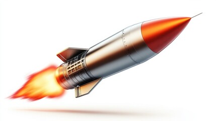 Naklejka premium Missile with polished surface and detailed warhead, representing advanced technology, isolated on white background