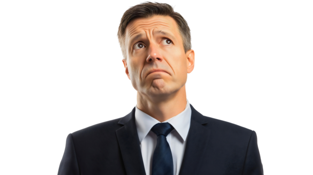 A frustrated businessman in deep thought, looking sad and worried, pensive expression frustration and anxiety over a problem, the stress and burnout faced by many work tasks