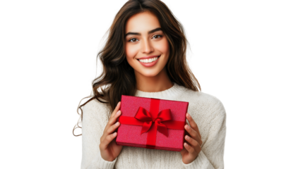 Portrait of happy Caucasian woman in knitted sweater holding a Christmas present gift box present, celebrating the holiday season excitement festive winter new year, transparent background