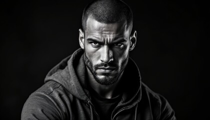 Intense Bald Man in Hoodie, Monochrome Close-Up