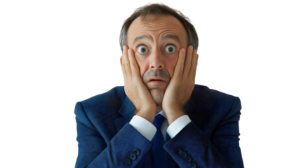 Worried businessman with a frustrated and upset expression shock and disappointment in a portrait on a transparent background stress negative emotions of a senior male executive facing work problems 