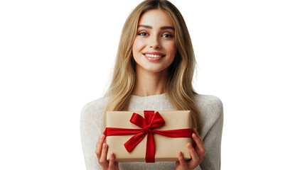 Happy Caucasian young woman holding a wrapped present for Christmas, celebrating the holiday season with excitement and joy, festive surprise gift in her hands isolated on a transparent background