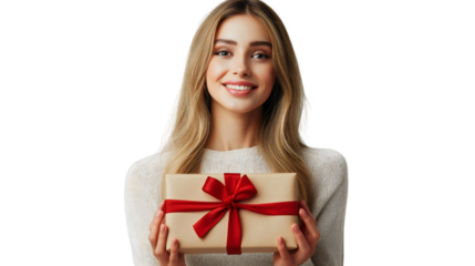 Happy Caucasian young woman holding a wrapped present for Christmas, celebrating the holiday season with excitement and joy, festive surprise gift in her hands isolated on a transparent background