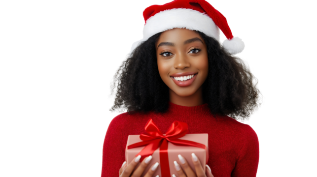Happy young African American woman holding a wrapped Christmas surprise present gift box, celebrating the holiday season wearing festive New Year cap isolated on transparent background