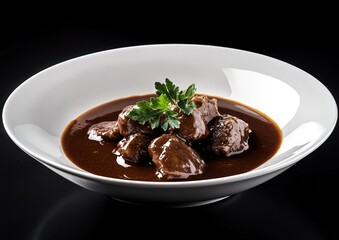 Delicious braised beef stew with fresh parsley garnish served in a white bowl