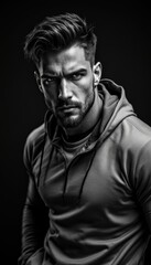 Obraz premium Intense Man in Athletic Hoodie, Black and White Portrait