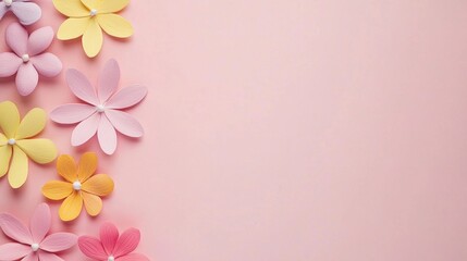 A charming arrangement of colorful paper flowers on a soft pink background, perfect for spring-themed decor or crafts.
