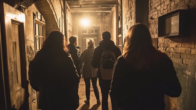 A group of people on a ghost tour, exploring a historic, haunted building with a guide leading the way.