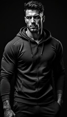 Obraz premium Muscular Man in Hoodie, Monochrome Portrait