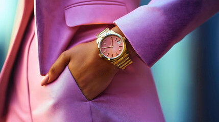 Elegant businesswoman wearing stylish wristwatch, closeup of modern female with watch luxury accessory, trendy adult model in formal suit showcasing successful lifestyle, time-focused office manager 