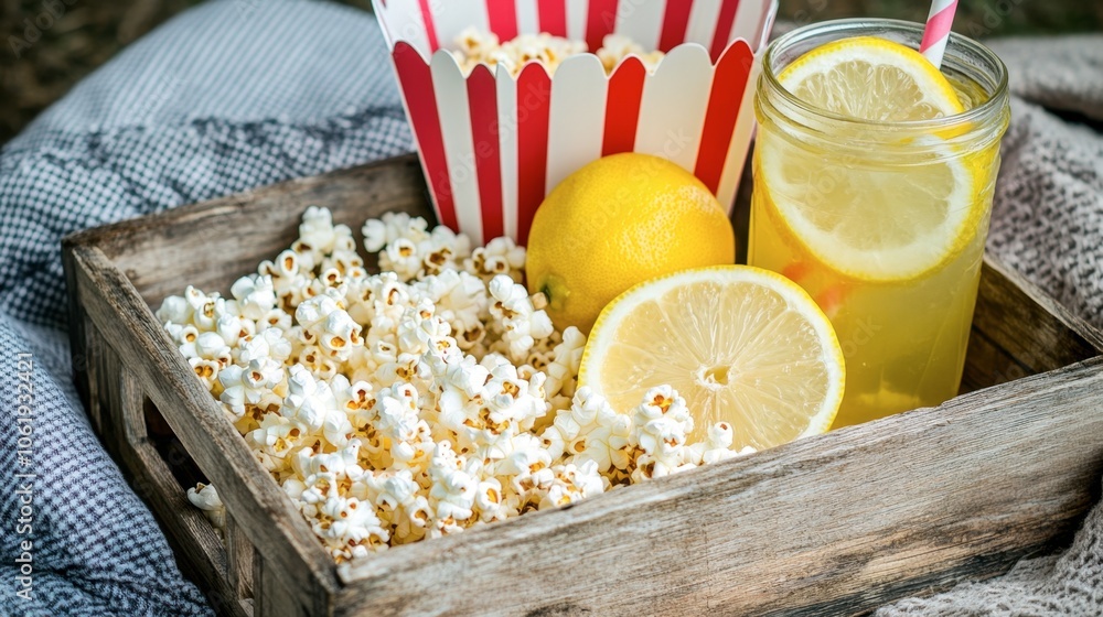 Poster refreshing snack setup with popcorn and lemonade