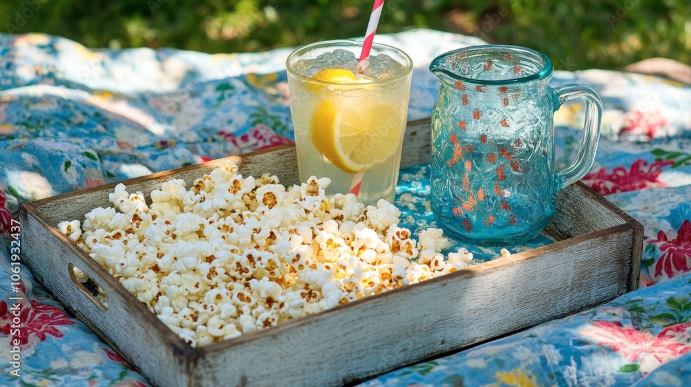 Poster refreshing snack setup with popcorn and lemonade