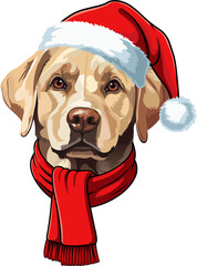 Portrait of a golden labrador in a Santa hat and scarf.eps