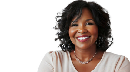 African American woman smiling in cheerful portrait, happy and positive female person radiating beauty with joyful expression, isolated on transparent background with a focus on happiness
