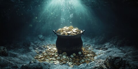 A mysterious underwater treasure pot surrounded by gold coins, illuminated by soft beams of light, evoking themes of adventure, wealth, and discovery.