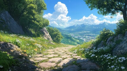 winding stone path that leads into a distant valley, framed by lush greenery and a clear blue sky, inviting exploration.