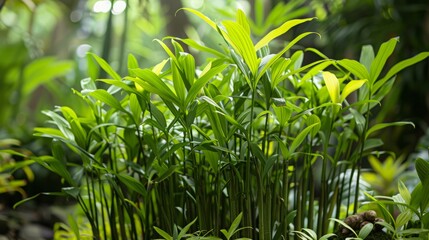 Obraz premium Close-up of vibrant green ginger plants, their leaves reaching towards the sunlight, showcasing the lush beauty of nature.