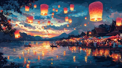 Fototapeta premium Vibrant Lantern Release Ceremony Over Scenic Lake with Thai Street Food Vendors