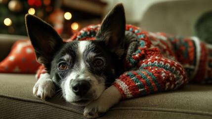 Christmas dog on the christmas background, Dog wearing a festive holiday sweater on a couch with holiday decorations in the background, Winter outfits for animals