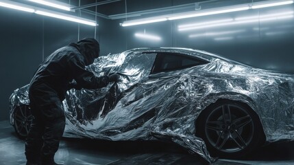 Wrapping a car with foil, followed by fan drying, in a car service setting. 