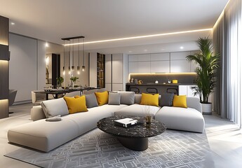 Modern Open-Plan Living Room with Grey Sofa and Yellow Pillows