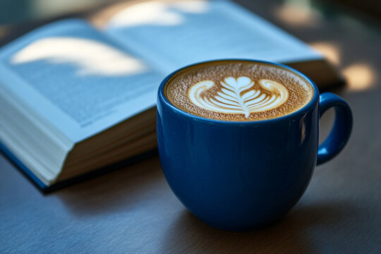 A blue coffee mug with latte art on top of an open book, placed on a table.
