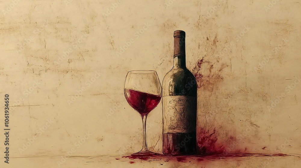 Poster A glass of red wine and a bottle of wine on a textured background with red wine splattered around them.
