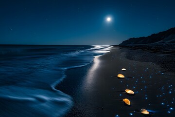 beach at night with moon reflecting moonlight with stars around and with view of ocean, seashells laying on the sand next to the calm sea