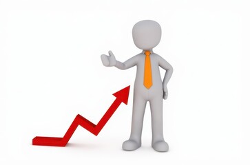 3d man red arrow success chart on white background.