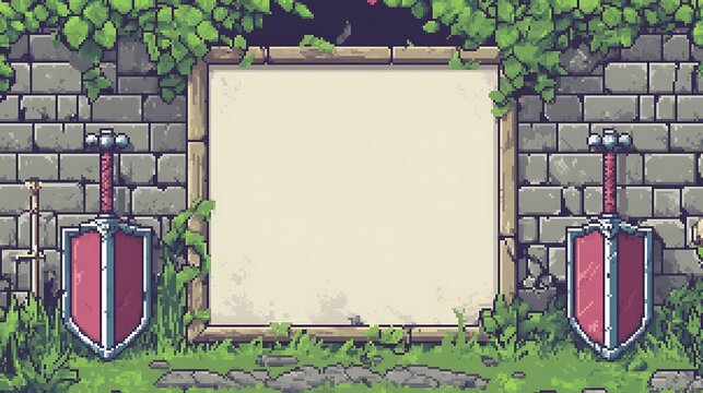 A pixel art scene of a blank sign with swords and vines on a stone wall.
