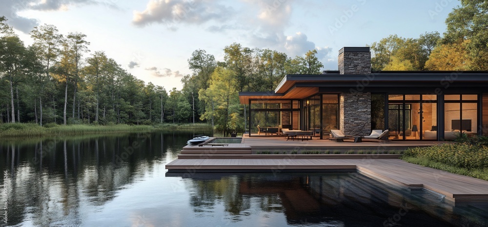 Aufkleber Modern house with a pool and patio overlooking a lake with a view of the forest in the distance.