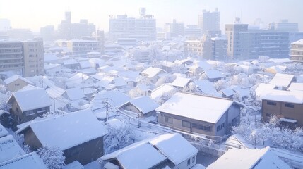 Tranquil Winter Morning in the City: Snow-Covered Rooftops and Serene Streets