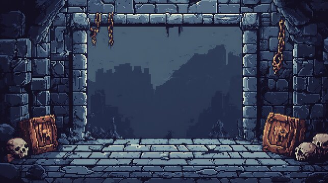 A pixelated dungeon room with stone walls, a large doorway, and a dark, ominous sky.